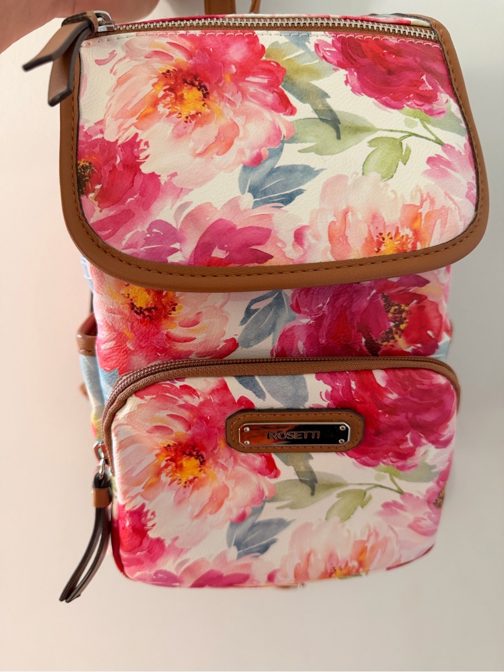Rosetti Floral Mini Backpack in Pink and Cream with Tan Trim
